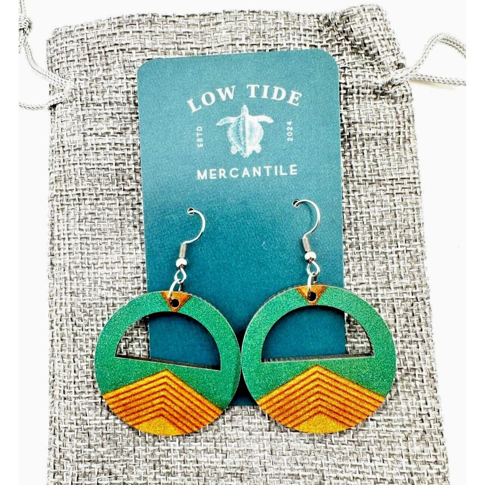 Retro Green & Yellow Half Moon Wood Earrings - Picture 2 of 2